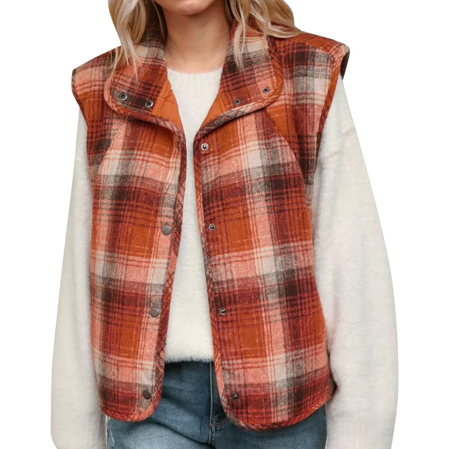 Womens High-Neck Button Up Plaid Puffer Vest